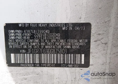 2013 Subaru Impreza Wrx z USA, uszkodzony, nr VIN JF1GR7E69DG875803